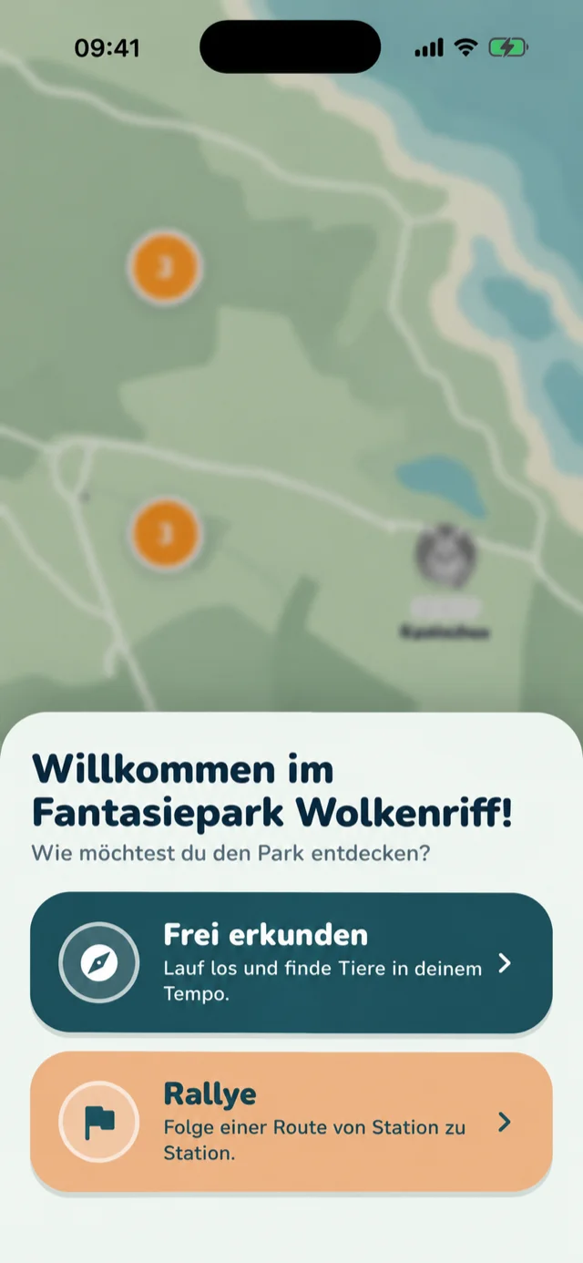 Mit KI gestaltete Begrüßungsansicht für Wolkenriff mit petrolfarbenen und apricotfarbenen Buttons auf hellem Seegrün.
