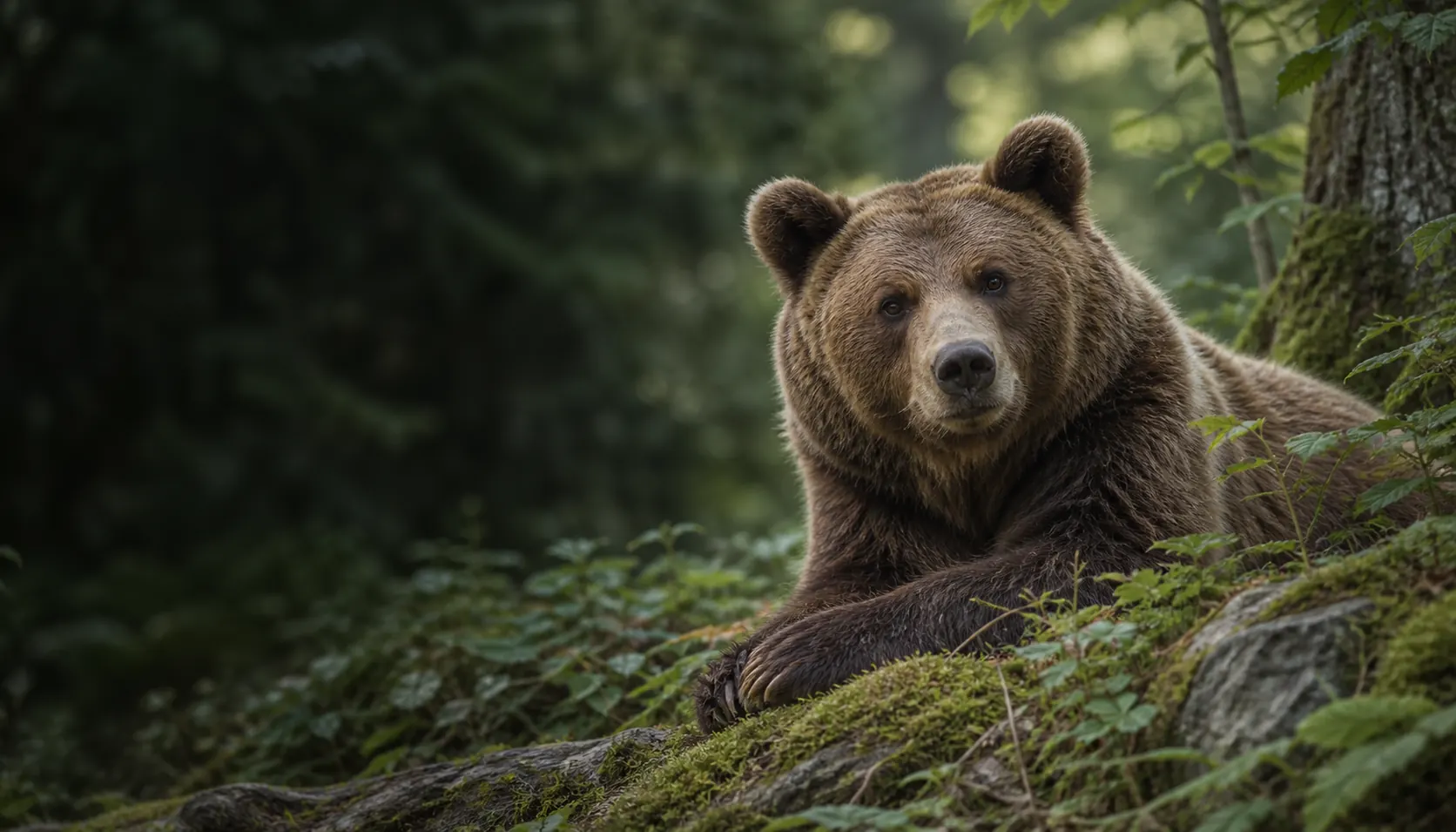Ein Braunbär ruht auf einer moosigen Böschung. Mit KI gestaltet.