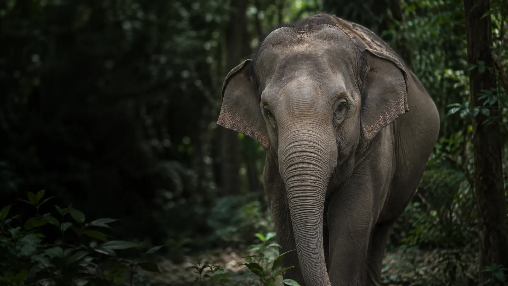 Ein Asiatischer Elefant steht im Schatten tropischer Bäume. Mit KI gestaltet.