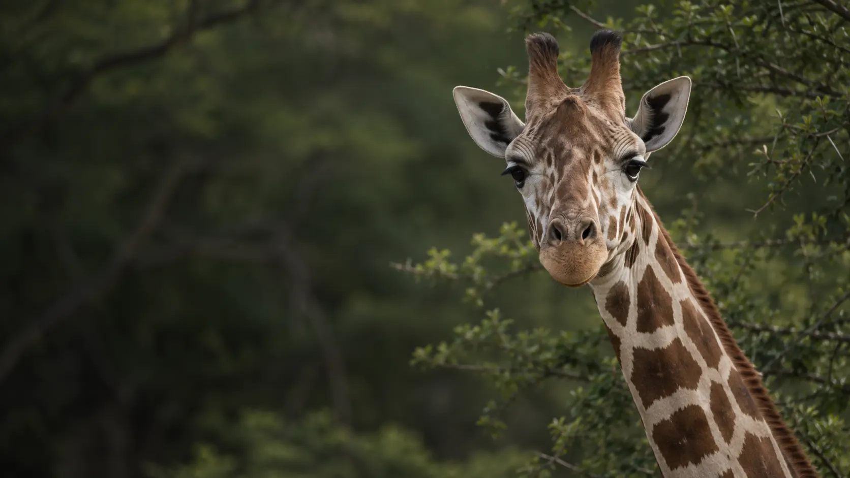 Eine Rothschildgiraffe blickt zwischen grünen Zweigen hervor. Mit KI gestaltet.