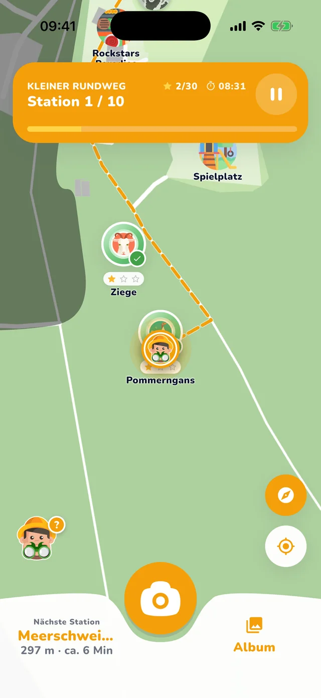 Snappi-Rallye im Demo-Park mit Tierstationen, Wegen und nächstem Ziel