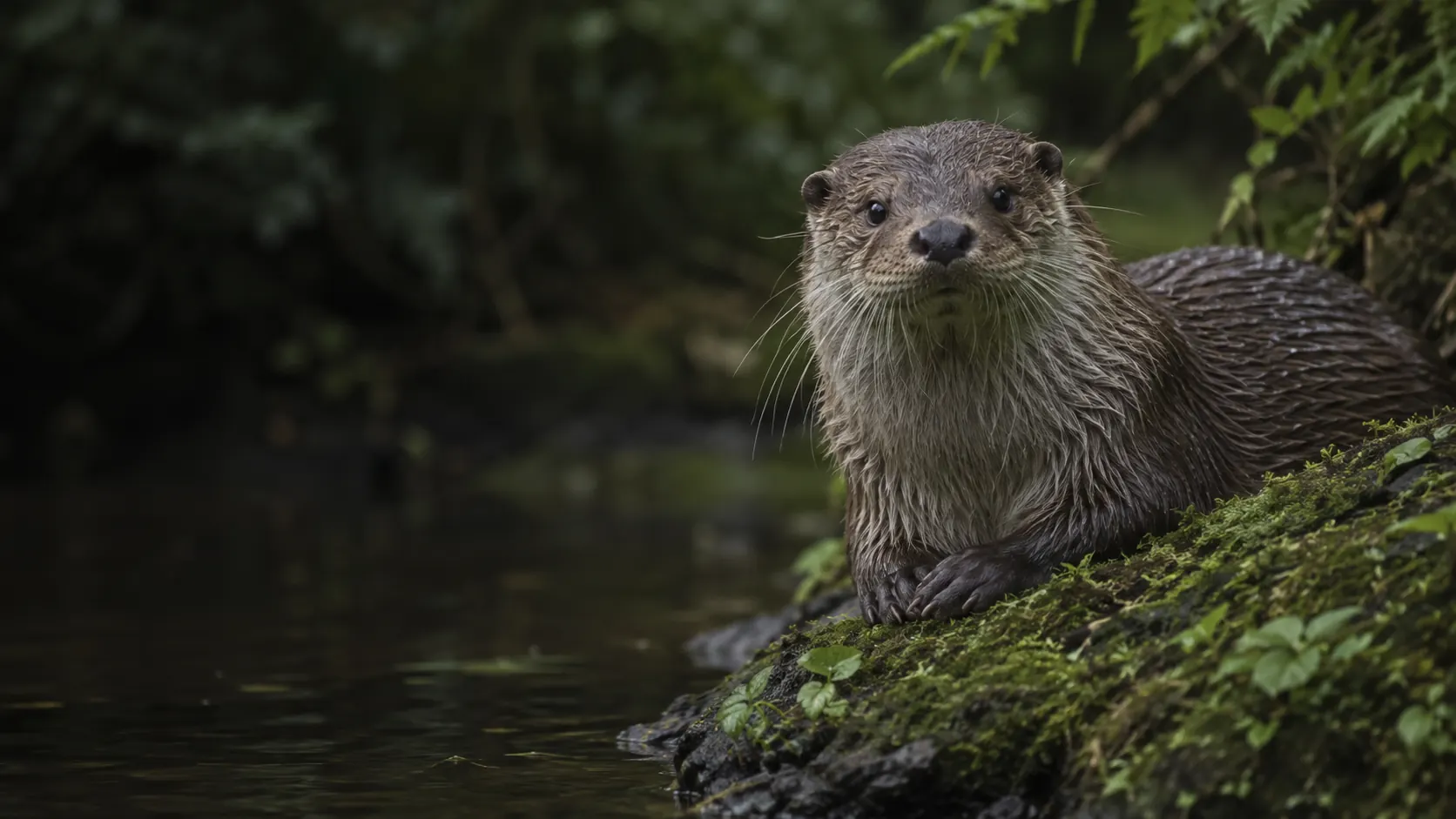 Ein Fischotter liegt am moosigen Ufer eines Waldbachs. Mit KI gestaltet.
