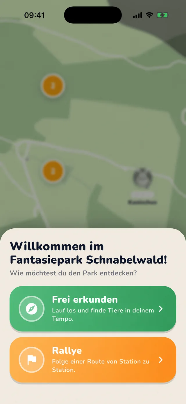 Begrüßungsansicht mit dem fiktiven Namen Fantasiepark Schnabelwald in Snappis Farben